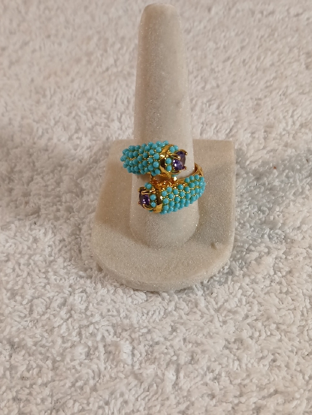 Gold tone, Turquoise Color Bead Wrap Ring with Purple Gemstone